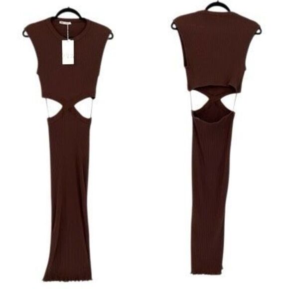 NWT Zara Brown Sleeveless Cut Out Midi Dress Size Medium - Picture 2 of 10